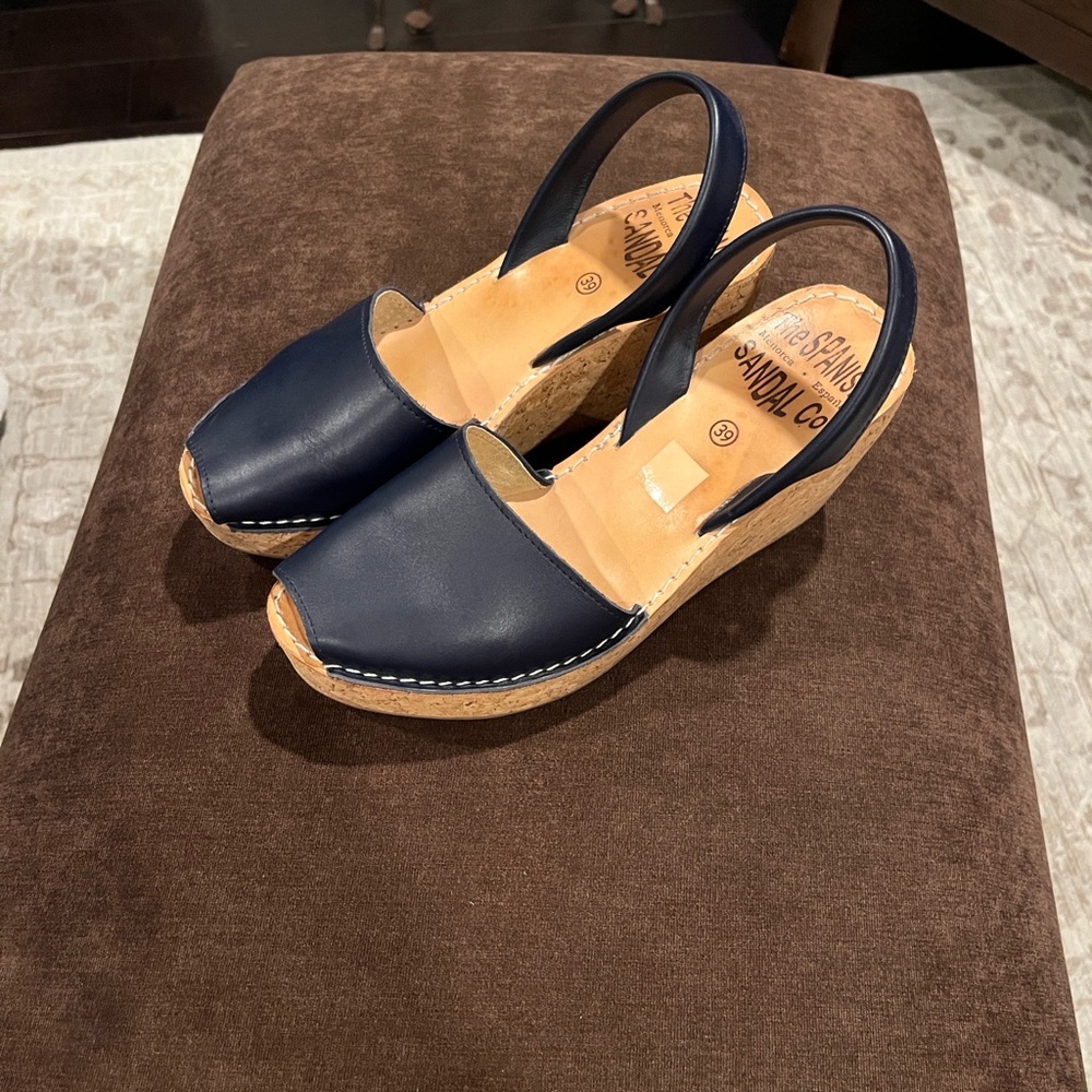 The Spanish Sandal Co. Women’s Leather Cork Wedges Size 39 Navy - Picture 8 of 14